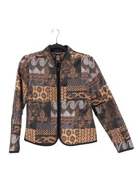 Molly & Maxx Tapestry Blazer Jacket S Petite PS Womens Patchwork Brown Blue Zip
